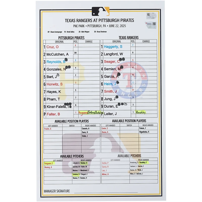 Carte de composition des Pirates de Pittsburgh lors du match contre les Rangers du Texas