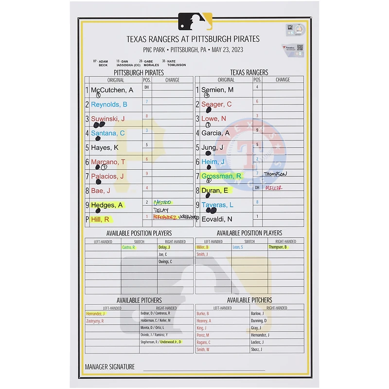 Carte de composition des équipes des Pirates de Pittsburgh contre les Rangers du Texas le mai 2023
