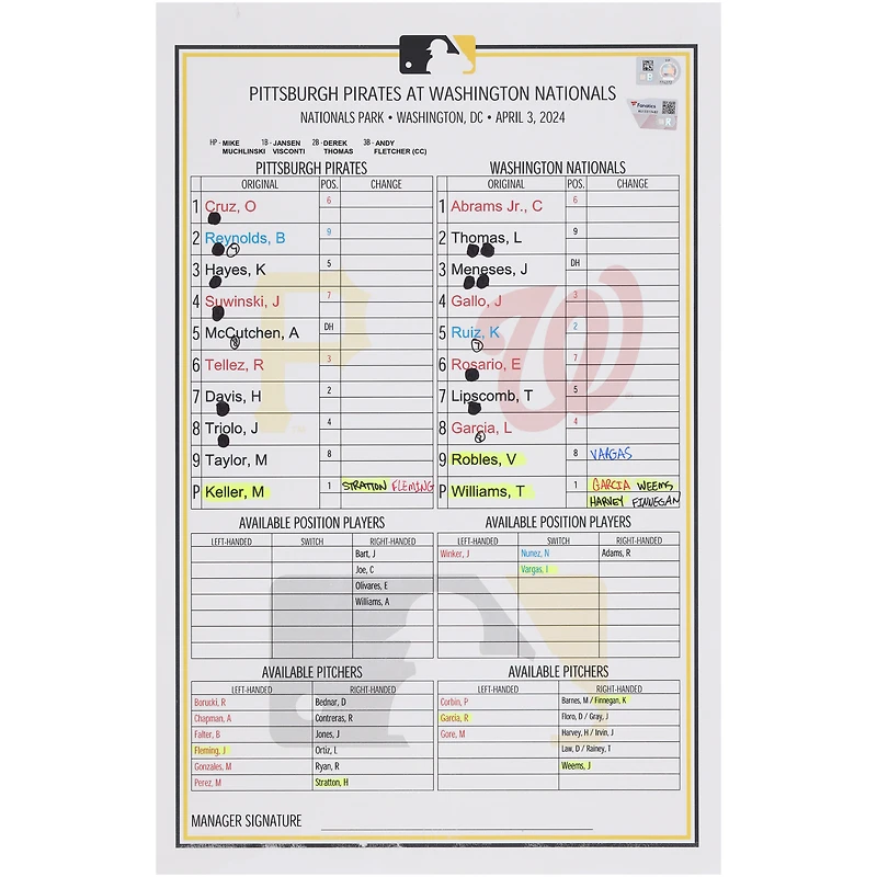 Pittsburgh Pirates Game-Used Lineup Card vs. Washington Nationals on April 3, 2024