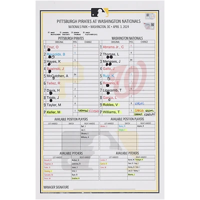 Pittsburgh Pirates Game-Used Lineup Card vs. Washington Nationals on April 3, 2024