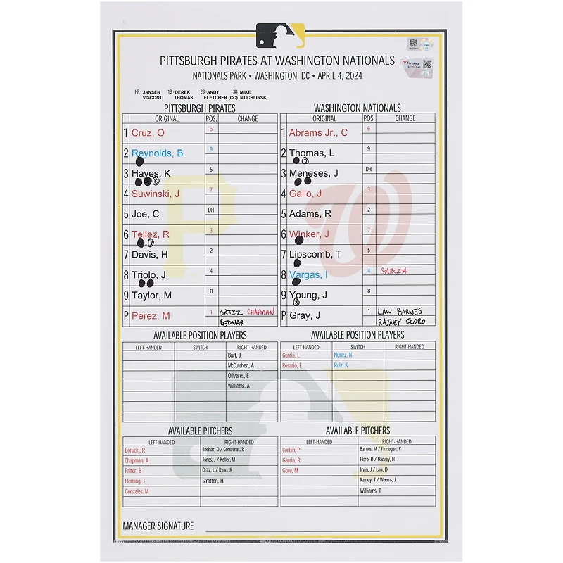 Pittsburgh Pirates Game-Used Lineup Card vs. Washington Nationals on April 4, 2024