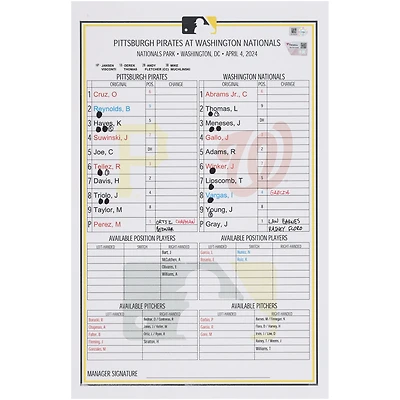 Pittsburgh Pirates Game-Used Lineup Card vs. Washington Nationals on April 4, 2024