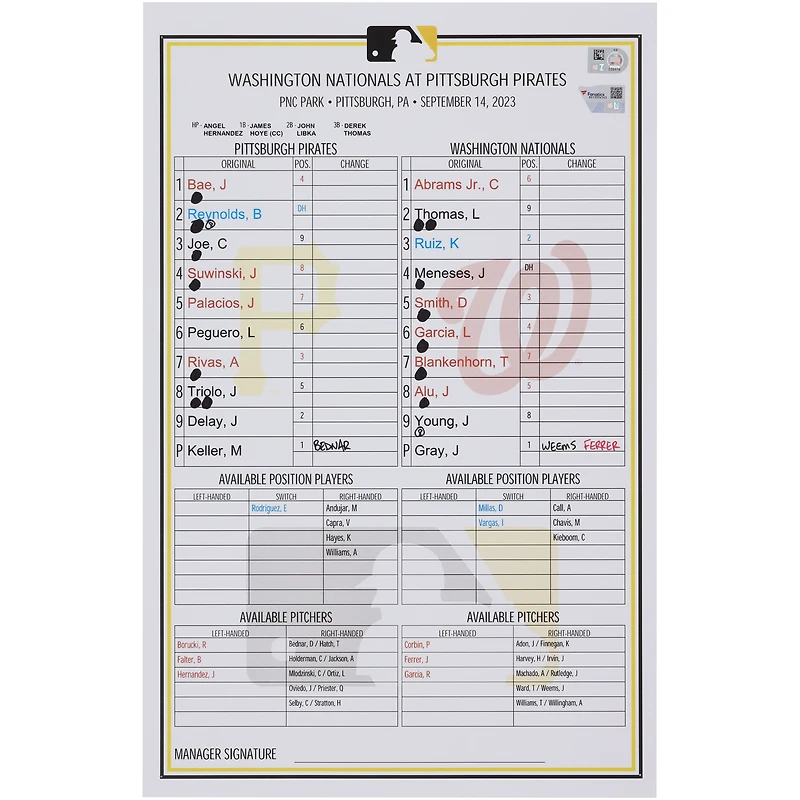 Carte de composition des équipes des Pirates de Pittsburgh contre les Nationals de Washington le septembre 2023