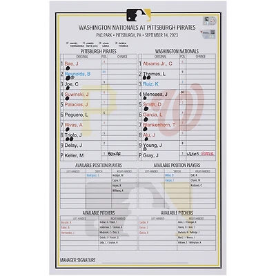 Carte de composition des équipes des Pirates de Pittsburgh contre les Nationals de Washington le septembre 2023