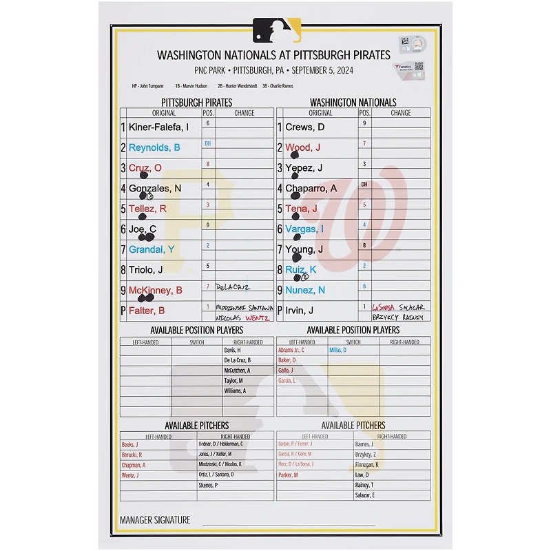 Pittsburgh Pirates Game-Used Lineup Card vs. Washington Nationals on September 5, 2024