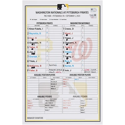 Pittsburgh Pirates Game-Used Lineup Card vs. Washington Nationals on September 5, 2024