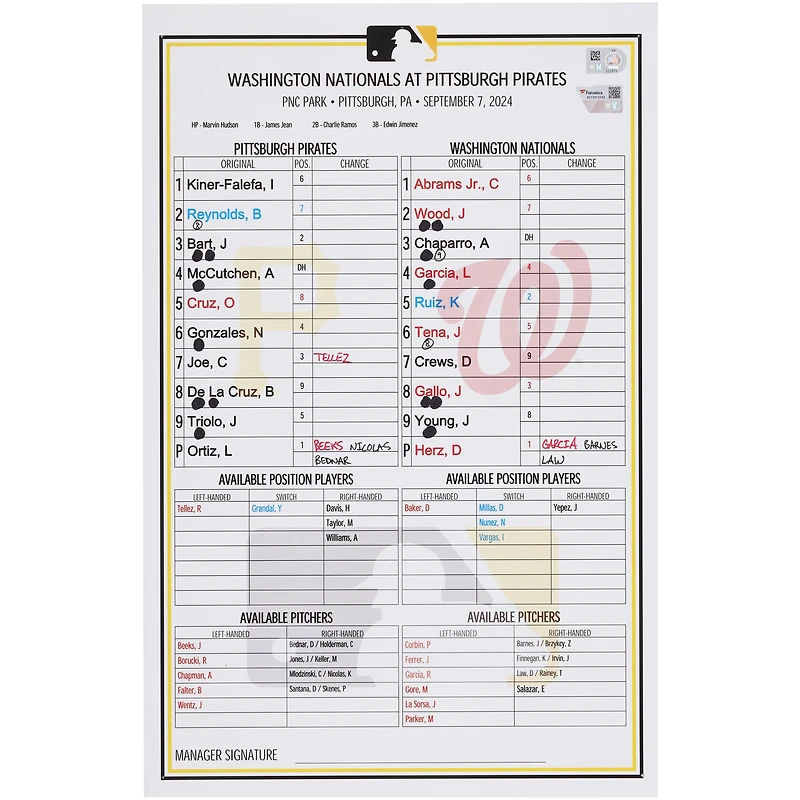 Pittsburgh Pirates Game-Used Lineup Card vs. Washington Nationals on September 7, 2024 - Game One of Doubleheader