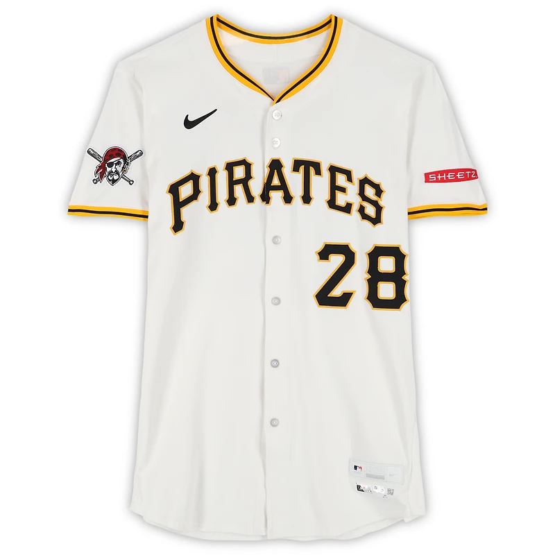 Maillot Nike blanc n° 28 de Tommy Pham des Pirates de Pittsburgh, utilisé lors de plusieurs matchs de la saison 2025 de la MLB