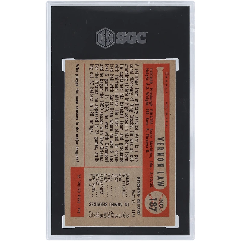 Carte 5.5 authentifiée SGC Bowman #187 des Pirates de Pittsburgh de Vernon Law 1954