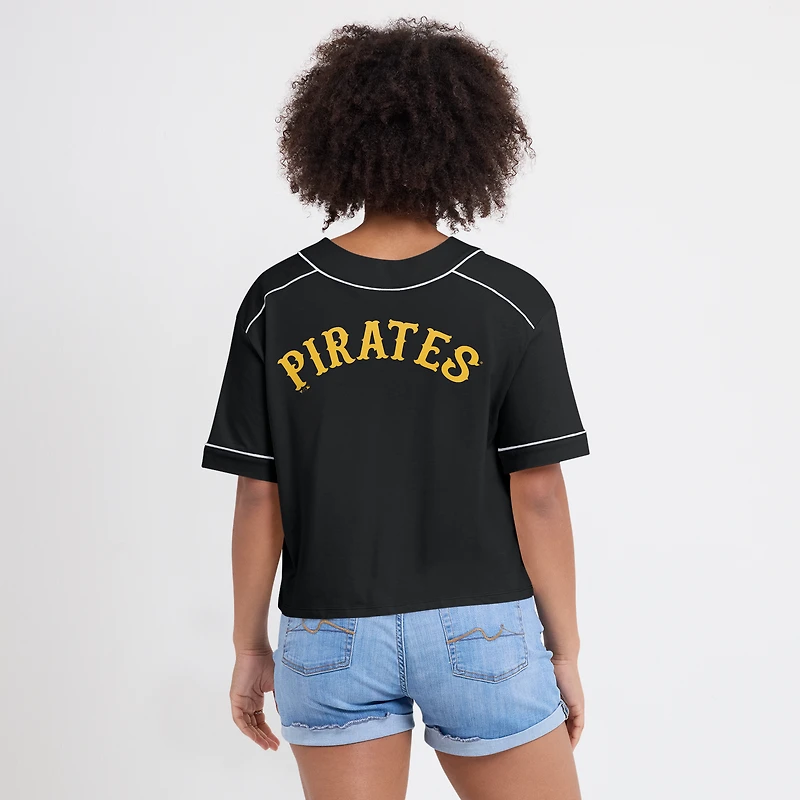 Women's Fanatics Black Pittsburgh Pirates Oversized Champ Game Cropped V-Neck T-Shirt