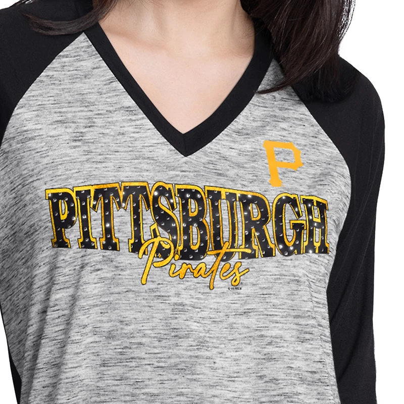 Women's G-III 4Her by Carl Banks Black/Heather Black Pittsburgh Pirates Speed Training 3/4-Sleeve Rhinestone V-Neck T-Shirt