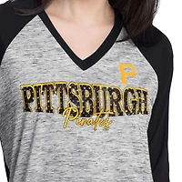 Women's G-III 4Her by Carl Banks Black/Heather Black Pittsburgh Pirates Speed Training 3/4-Sleeve Rhinestone V-Neck T-Shirt