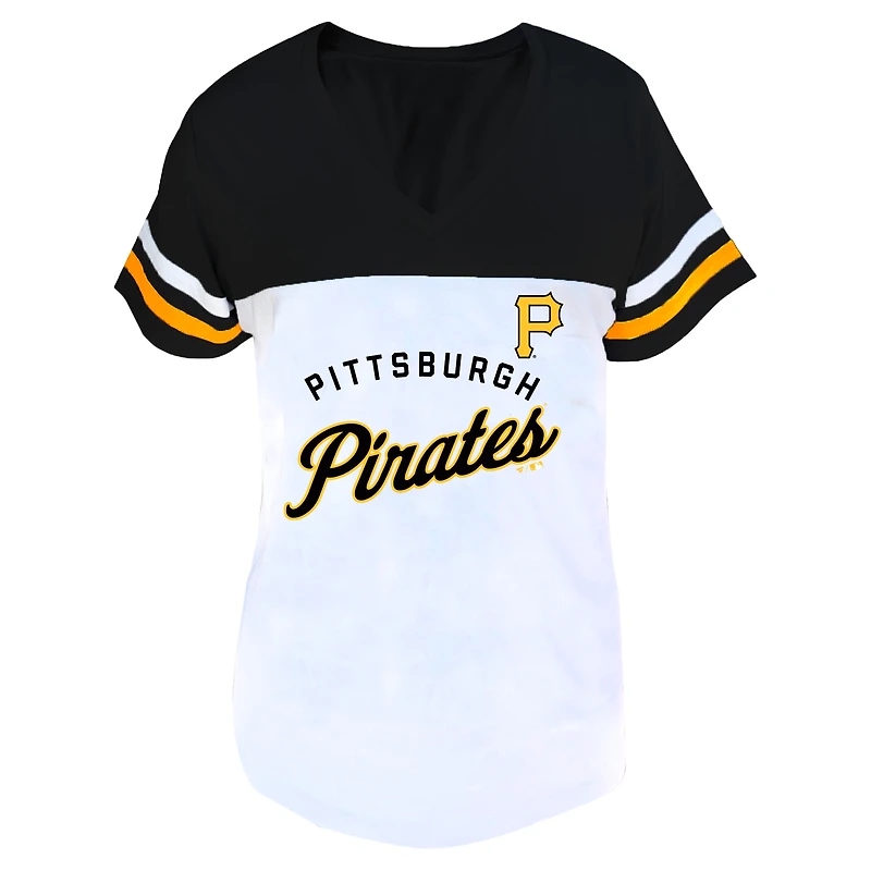 Women's Profile White/Black Pittsburgh Pirates Plus Two-Stripe V-Neck T-Shirt