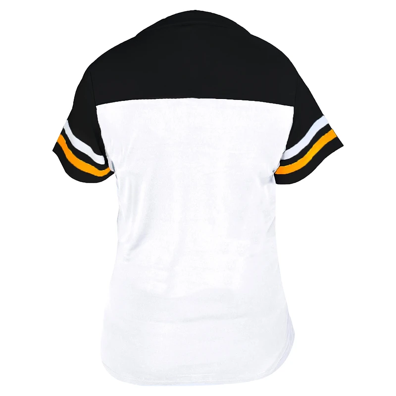 Women's Profile White/Black Pittsburgh Pirates Plus Two-Stripe V-Neck T-Shirt