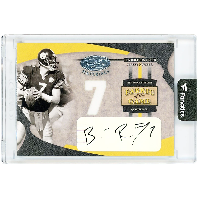 Carte autographiée de Ben Roethlisberger (Pittsburgh Steelers) de 2005, certifiée Donruss Leaf, portant un morceau de tissu utilisé lors d'un match (relique #FG-3 #7/7).