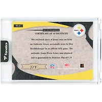 Carte autographiée de Ben Roethlisberger (Pittsburgh Steelers) de 2005, certifiée Donruss Leaf, portant un morceau de tissu utilisé lors d'un match (relique #FG-3 #7/7).