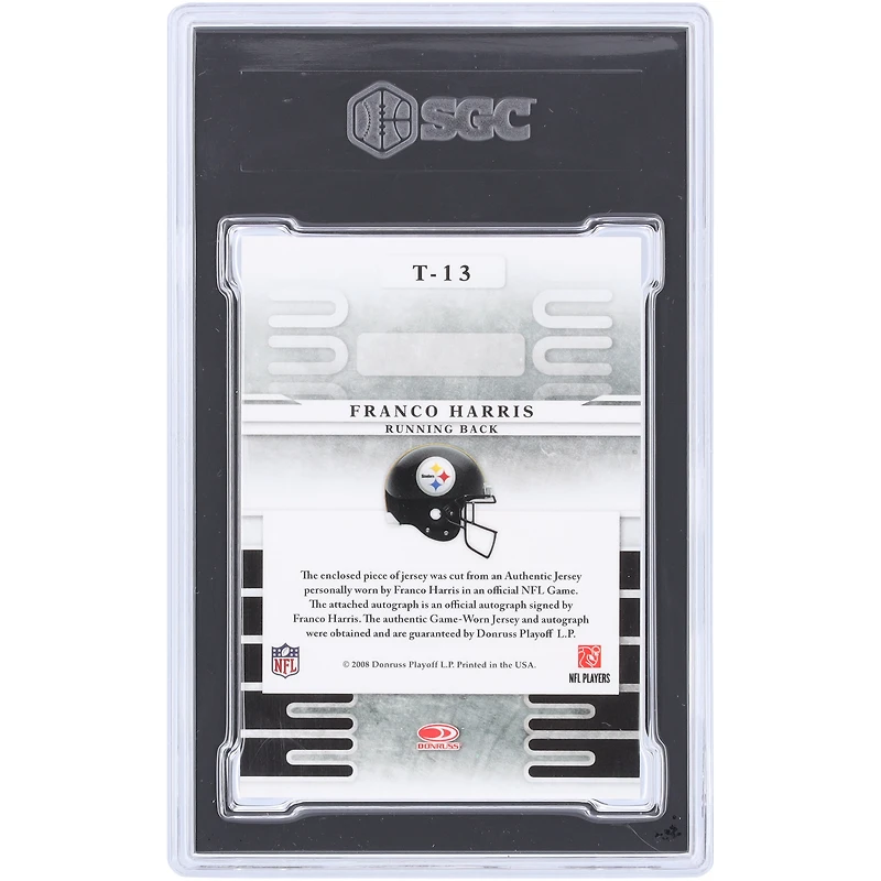 Carte autographiée Donruss Leaf 2008 des Pittsburgh Steelers, marque déposée, matériaux, autographe, 2 couleurs, souvenir 2016, n° T-13, n° 4/4, SGC, authentifiée, 8,5/10