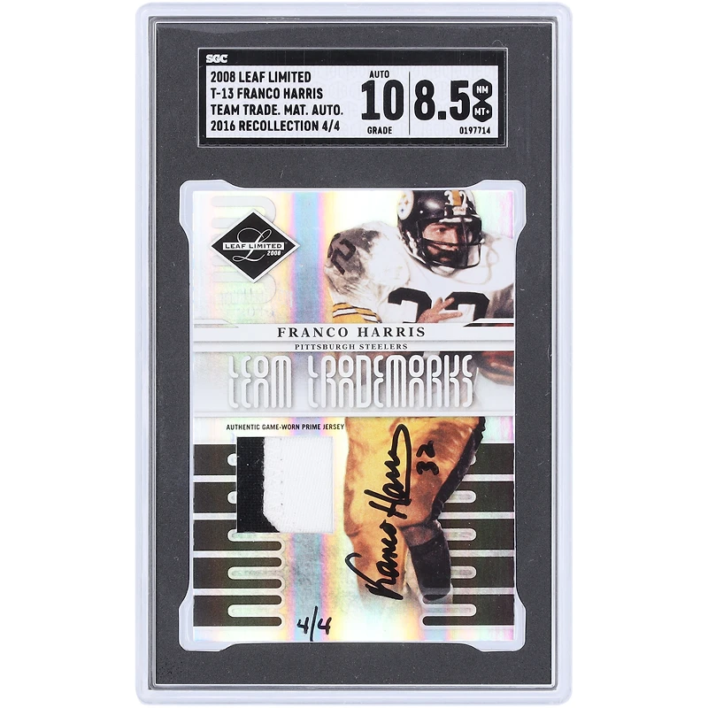 Carte autographiée Donruss Leaf 2008 des Pittsburgh Steelers, marque déposée, matériaux, autographe, 2 couleurs, souvenir 2016, n° T-13, n° 4/4, SGC, authentifiée, 8,5/10