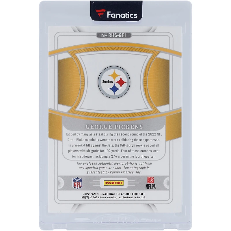 Carte recrue autographiée Panini National Treasures 2022 de George Pickens Pittsburgh Steelers, avec logo de l'équipe, relique 3 couleurs géante #RHS-GPI #3/5
