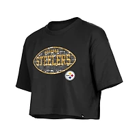 Girl's New Era Black Pittsburgh Steelers Flip Sequin Boxy T-Shirt