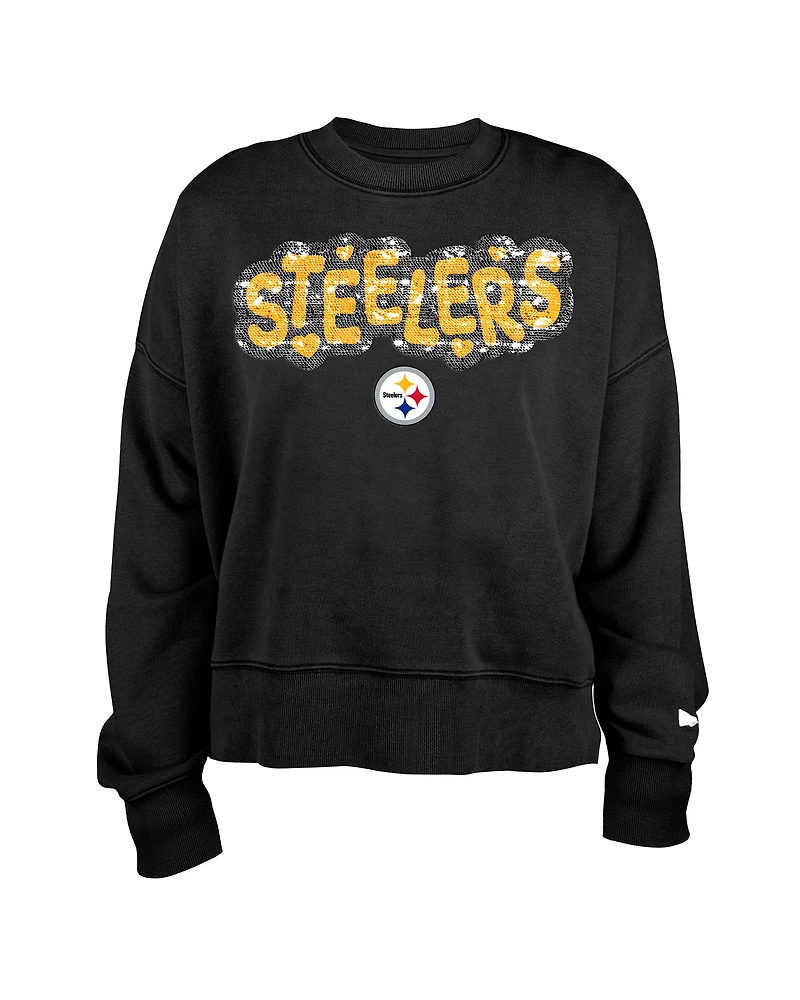 Sweat-shirt à paillettes noir New Era pour fille des Pittsburgh Steelers