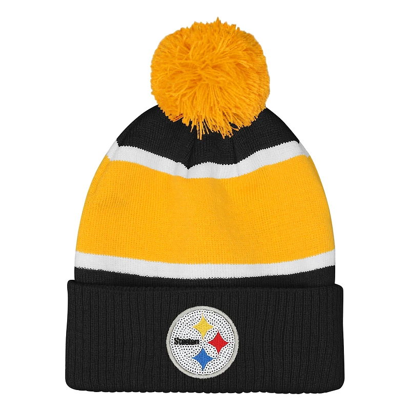 Girls Outerstuff  Black Pittsburgh Steelers Let's Play Cuffed Knit Hat with Pom