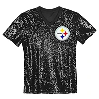 Girls Youth Black Pittsburgh Steelers Wordmark Sequin V-Neck Top