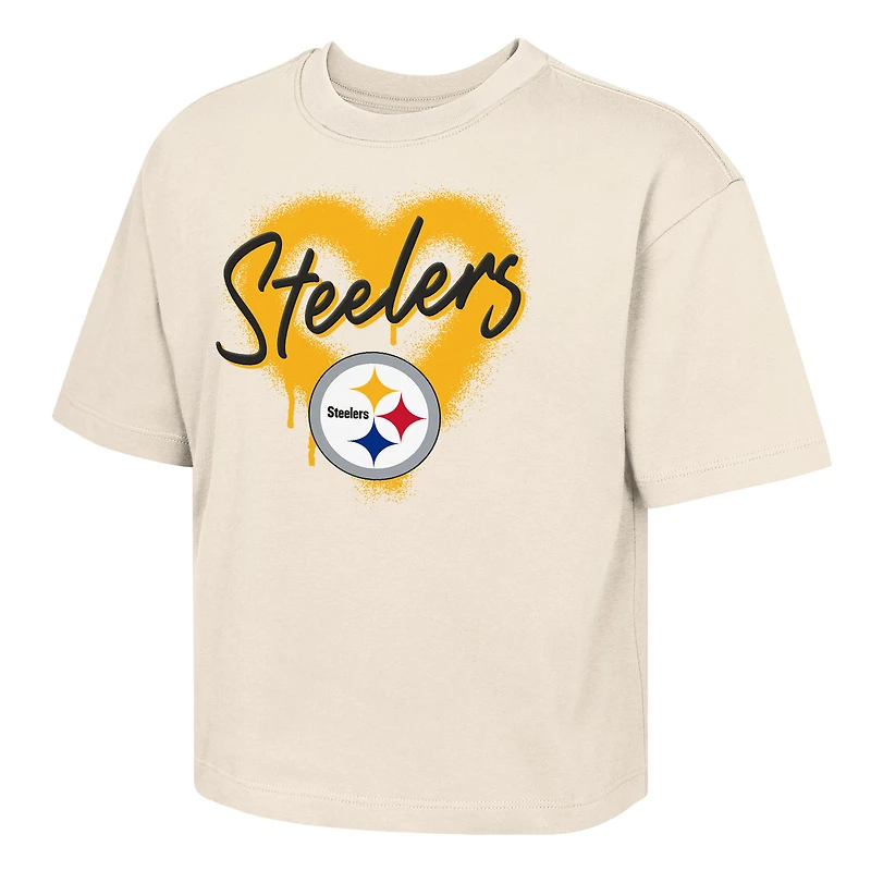 T-shirt à imprimé cœur en relief crème pour jeunes filles Outerstuff Pittsburgh Steelers Boxy Spray