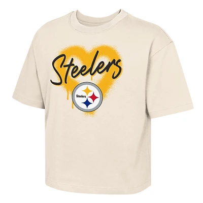 Girls Youth Outerstuff Cream Pittsburgh Steelers Boxy Spray Heart Puff Print T-Shirt