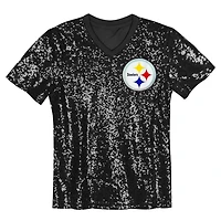 Maillot tendance à col en V et sequins noir des Steelers de Pittsburgh pour filles T.J. Watt