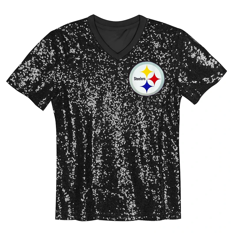Girls Youth T.J. Watt Black Pittsburgh Steelers Sequin V-Neck Fashion Jersey