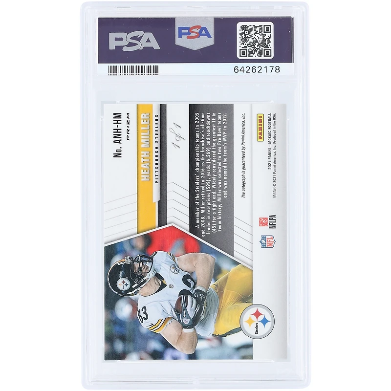 Carte Panini Mosaic No Huddle 2021 autographiée par Heath Miller des Pittsburgh Steelers, noire Prizm #ANH-HM #1/1, PSA, authentifiée, 10 cartes
