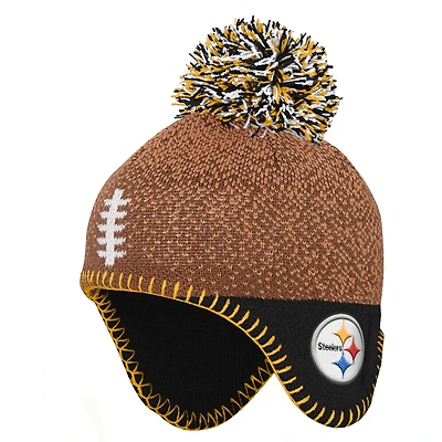 Bonnet en tricot marron pour bébé Outerstuff, motif tête de football des Pittsburgh Steelers, avec pompon