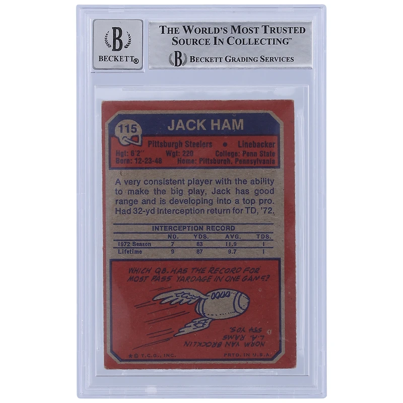 Jack Ham Pittsburgh Steelers Autographed 1973 Topps #115 Beckett Fanatics Witnessed Authenticated 10 Rookie Card with "HOF 88" Inscription