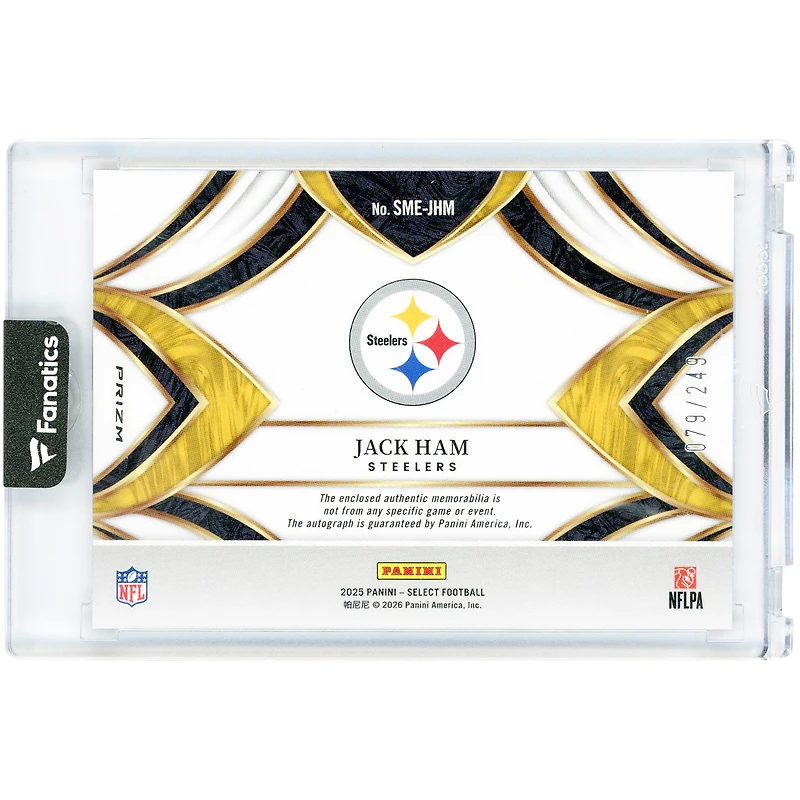 Jack Ham Pittsburgh Steelers Autographed 2025 Panini Select Relic #SME-JHM #79/249 Card