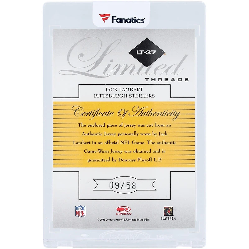 Jack Lambert Pittsburgh Steelers Autographed 2005 Leaf Limited Dual-Color Game Used Relic #LT-37 #9/58 Card