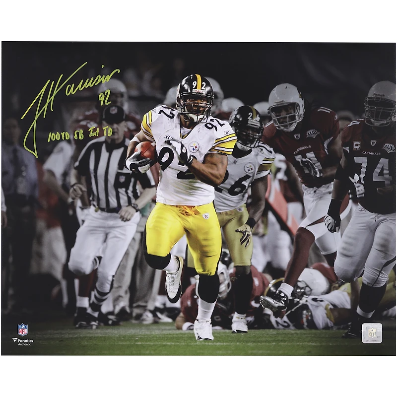 James Harrison Pittsburgh Steelers Autographed 16" x 20" Super Bowl XLIII Pick Six Spotlight Photograph with "100 YD SB Int TD" Inscription
