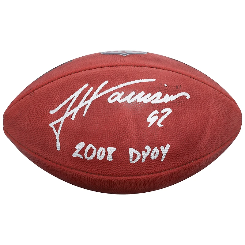 Ballon de football américain Duke en couleurs, autographié par James Harrison (Pittsburgh Steelers), avec inscription « Défenseur défensif de l'année 2008 ».