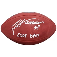 Ballon de football américain Duke en couleurs, autographié par James Harrison (Pittsburgh Steelers), avec inscription « Défenseur défensif de l'année 2008 ».