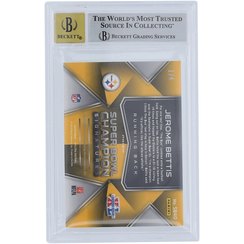 Carte authentifiée 9/10 Panini Spectra Neon Marble #SB40 #2/4 BGS autographiée 2018 par Jerome Bettis des Pittsburgh Steelers - Sous-catégories 9.5,9,9,8.5
