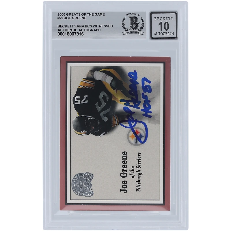 Carte 10 autographiée par Joe Greene des Pittsburgh Steelers, numéro 29 des Fleer Greats of the Game, Beckett, avec l'inscription « HOF 87 », et témoin d'une fanatique.