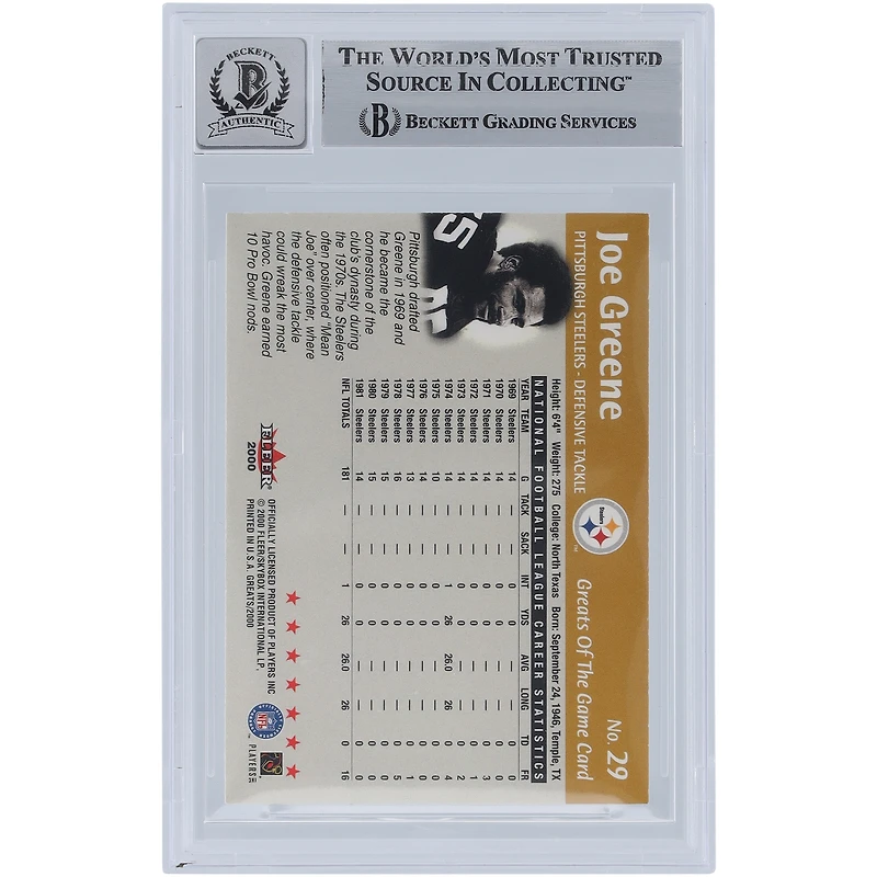 Carte 10 autographiée par Joe Greene des Pittsburgh Steelers, numéro 29 des Fleer Greats of the Game, Beckett, avec l'inscription « HOF 87 », et témoin d'une fanatique.