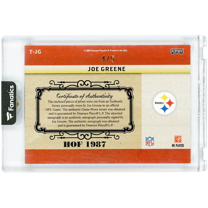 Carte autographiée de Joe Greene (Pittsburgh Steelers) 2007 Donruss Playoff National Treasures Timeline Prime Triple Game-Used Jersey Relics #T-JG #4/5