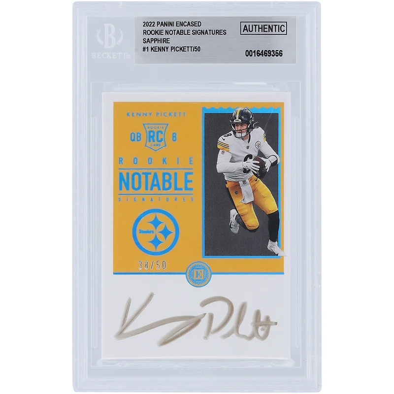 Carte de recrue authentifiée Panini 2022 signée Kenny Pickett des Pittsburgh Steelers avec signatures notables en étui saphir #RNS-KP #38/50 BGS