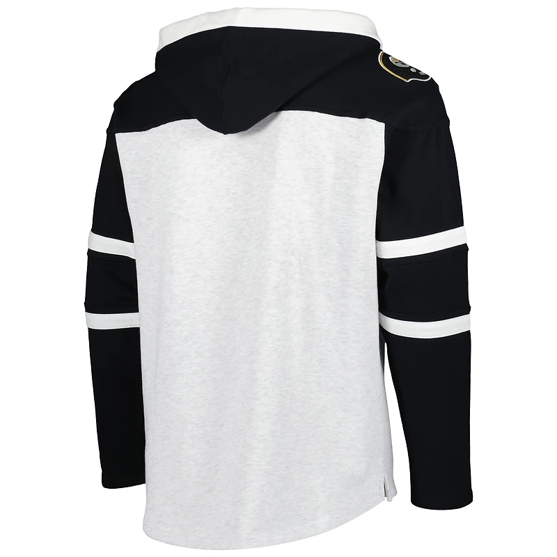 Men's '47 Pittsburgh Steelers Heather Gray Historic Logo Gridiron Lace-Up Pullover Hoodie