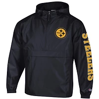 Men's Champion Black Pittsburgh Steelers Packable Hooded Windbreaker Half-Zip Jacket