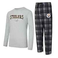 Ensemble t-shirt à manches longues et pantalon carreaux Pittsburgh Steelers Regulate noir/gris chiné Concepts Sport pour homme