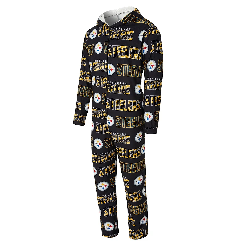 Men's Concepts Sport Black Pittsburgh Steelers Shuffle All-Over-Print Microfleece Full-Zip Union Suit