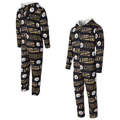 Men's Concepts Sport Black Pittsburgh Steelers Shuffle All-Over-Print Microfleece Full-Zip Union Suit