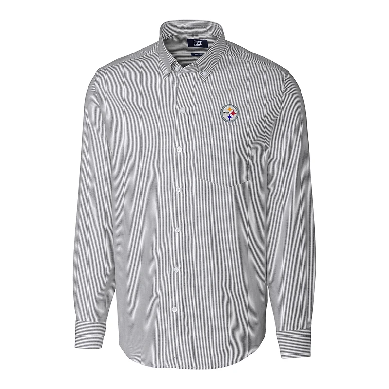 Chemise boutonnée extensible à manches longues et rayures en tissu Oxford pour homme, couleur anthracite, des Steelers de Pittsburgh, grande taille